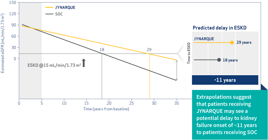 Predicted effects of JYNARQUE on eGFR out to 35 years, Graph